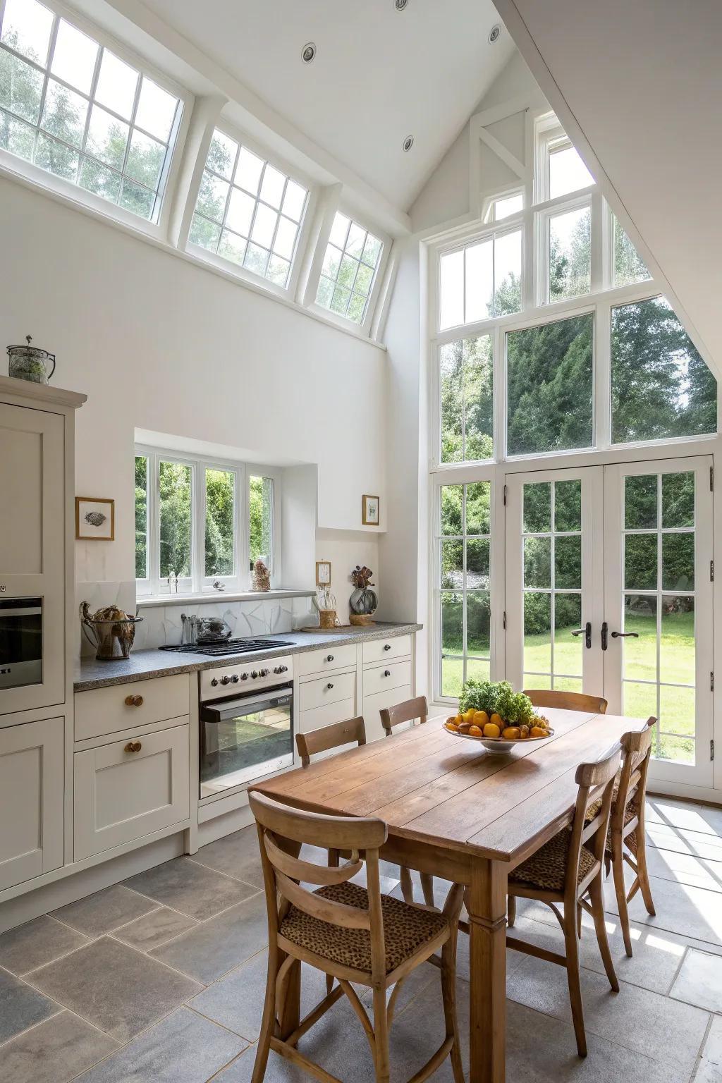 Sunlight floods into this kitchen with a high ceiling, producing an airy sensation.