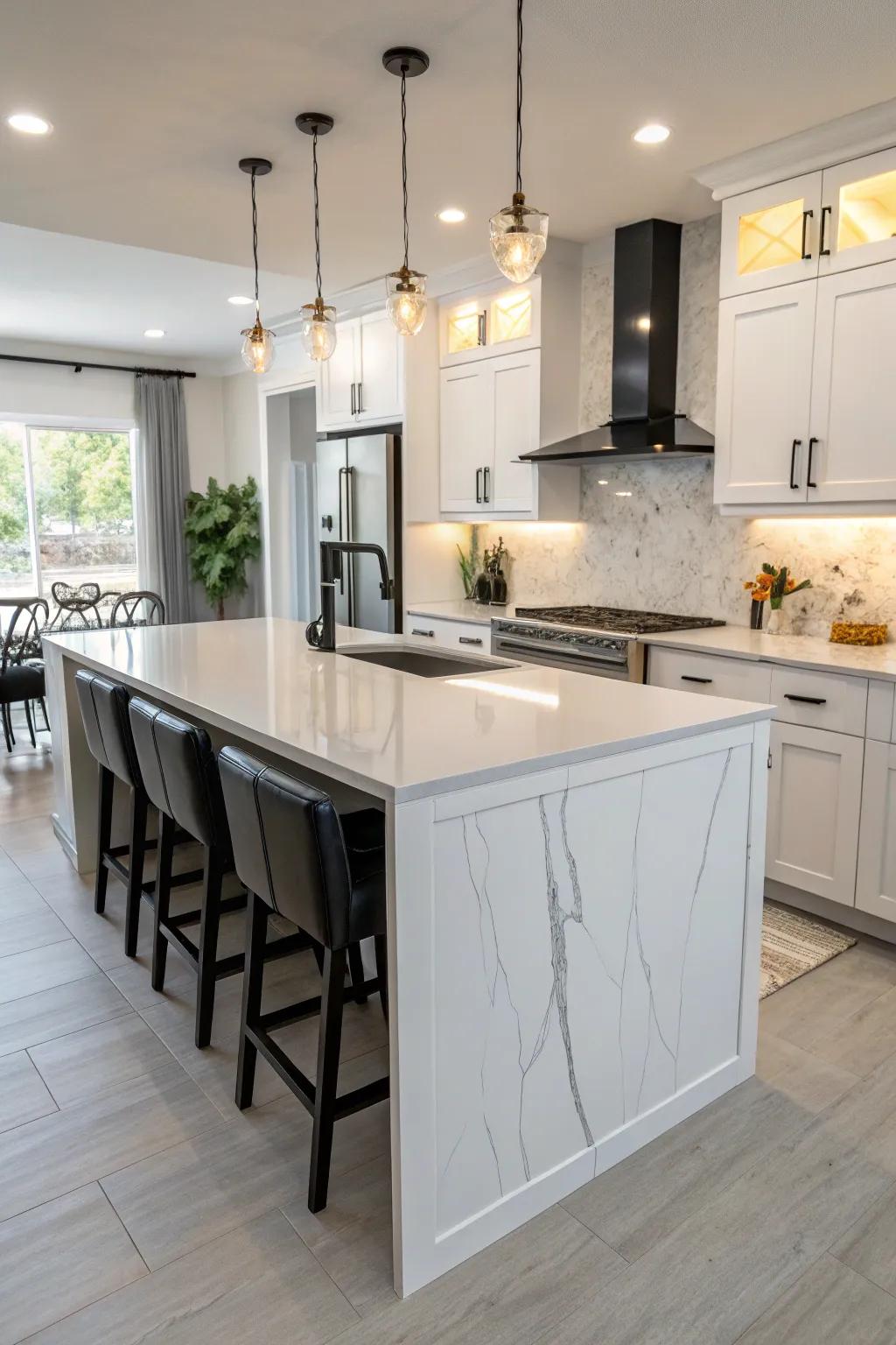 Sophisticated waterfall edge on a quartz countertop.