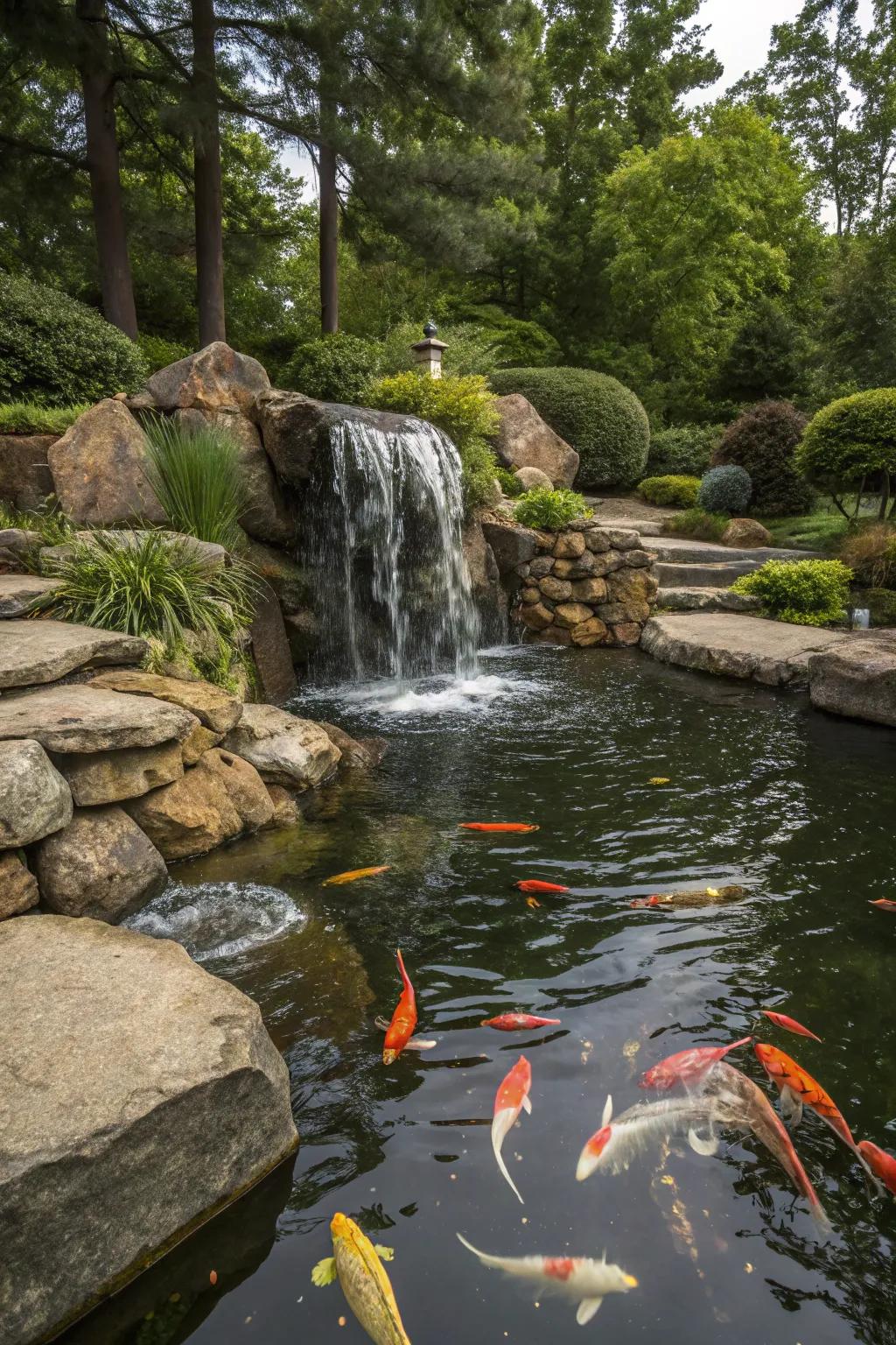 The gentle cascade of a waterfall enhances this pond's serenity.