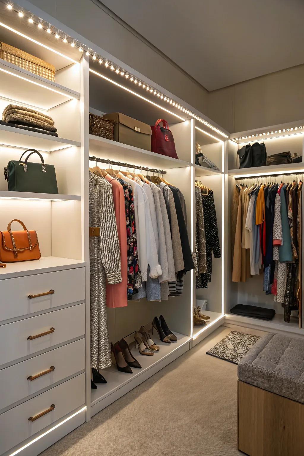 Improve lighting in your walk-in closet with integrated lights.