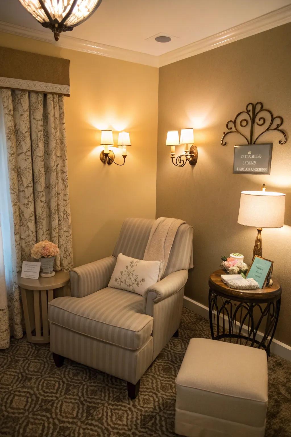 Soft lighting enhances the calming environment of a nursing room.
