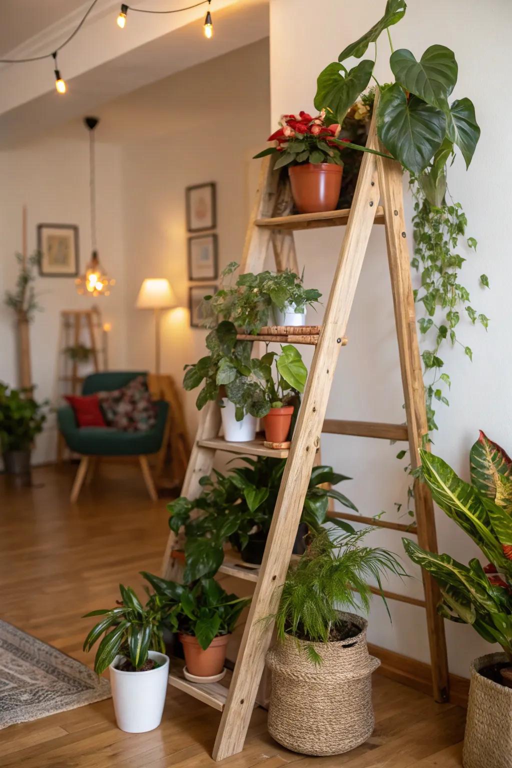 Indoor ladder plant stand with lush greenery