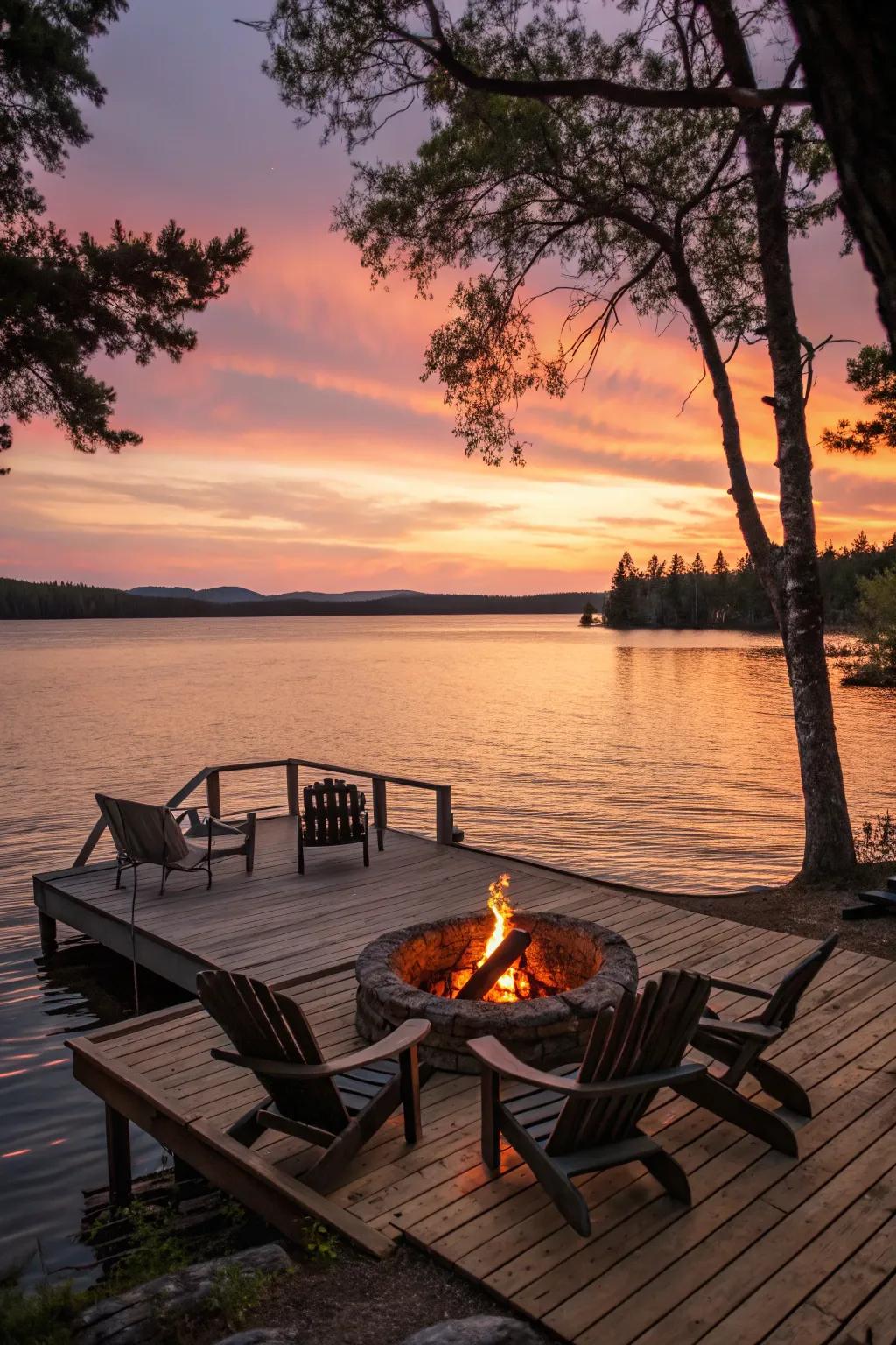 A dockside fire pit is a calm and special experience by the lake.
