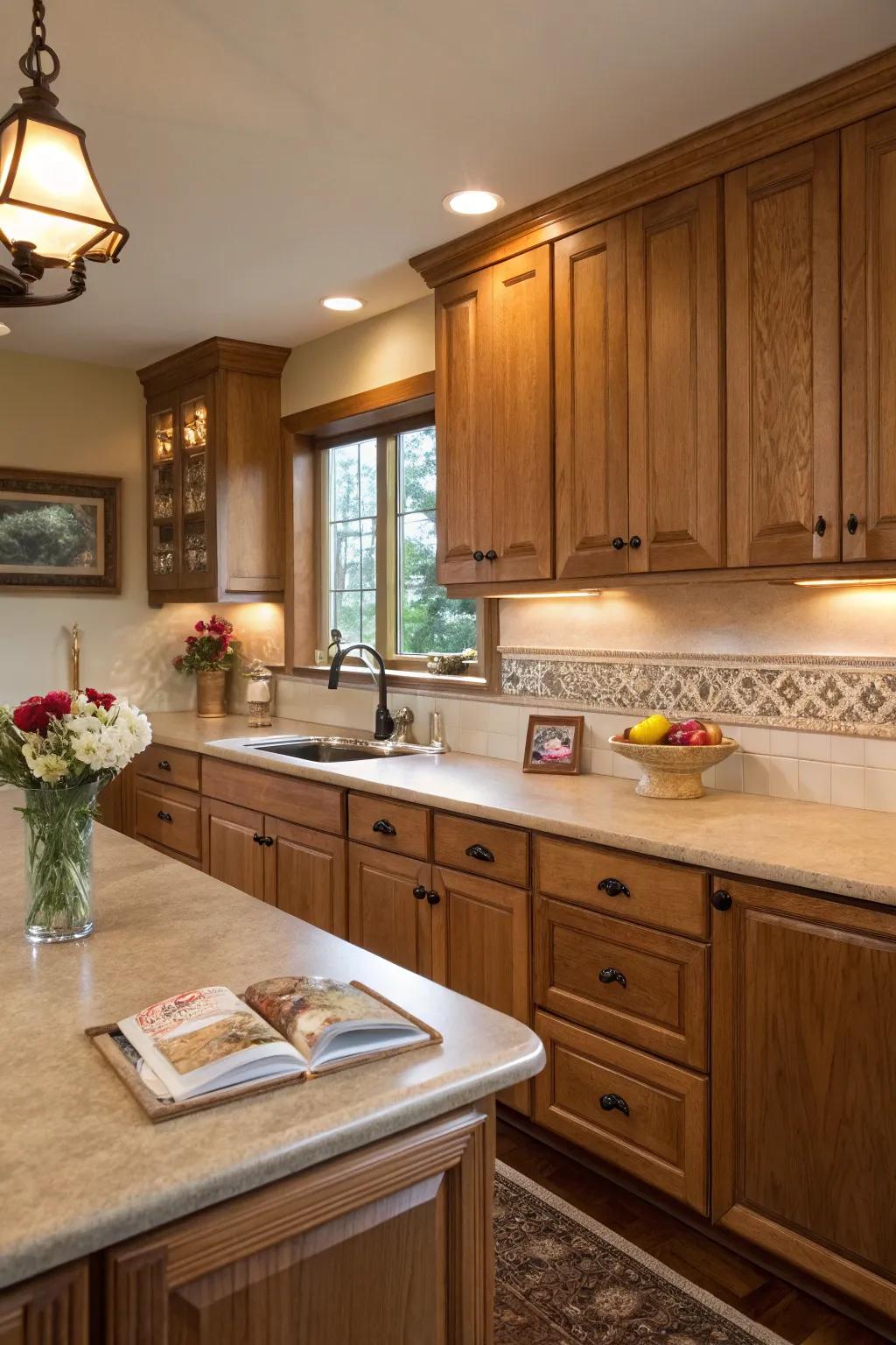 Wood-look synthetic stone countertops impart warmth and allure.