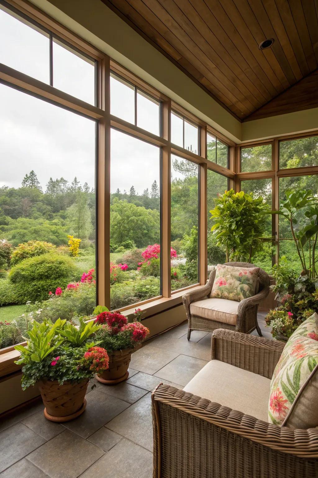 Sunlight cascades into this lanai, accentuating the greenery outdoors.