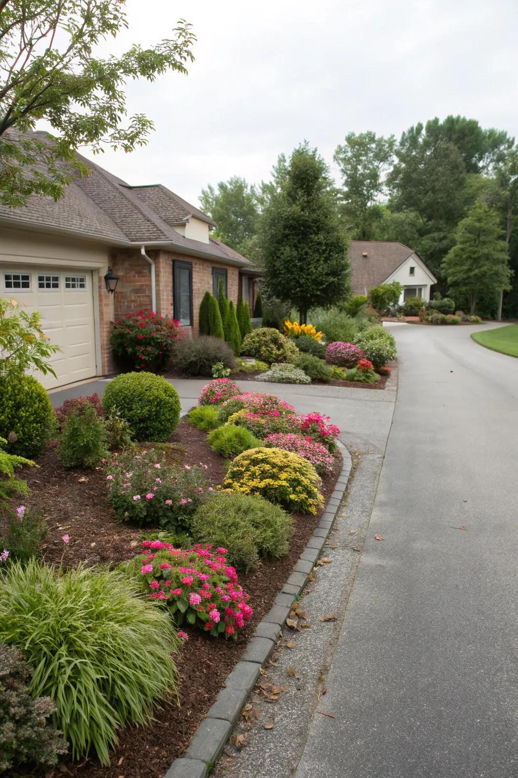 Neatly mulched plant beds bringing a polished touch to any driveway.