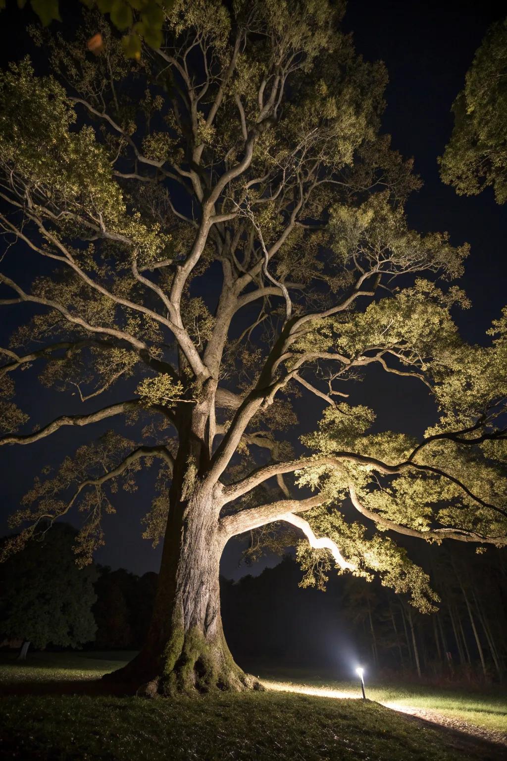 Up-lighting transforms trees into spectacular nighttime sculptures.