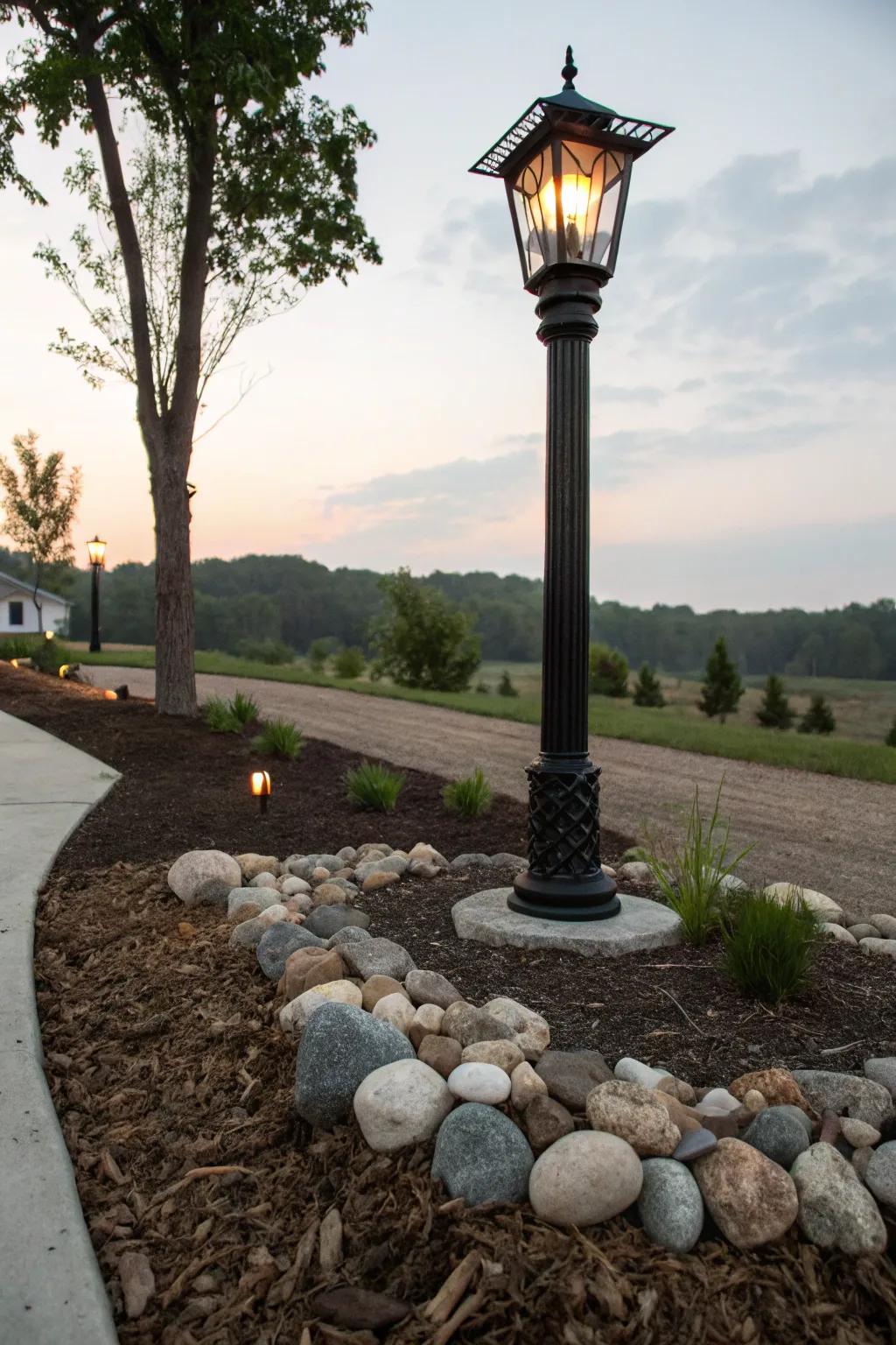 Attractive stones delivering a polished border surrounding the standing light.