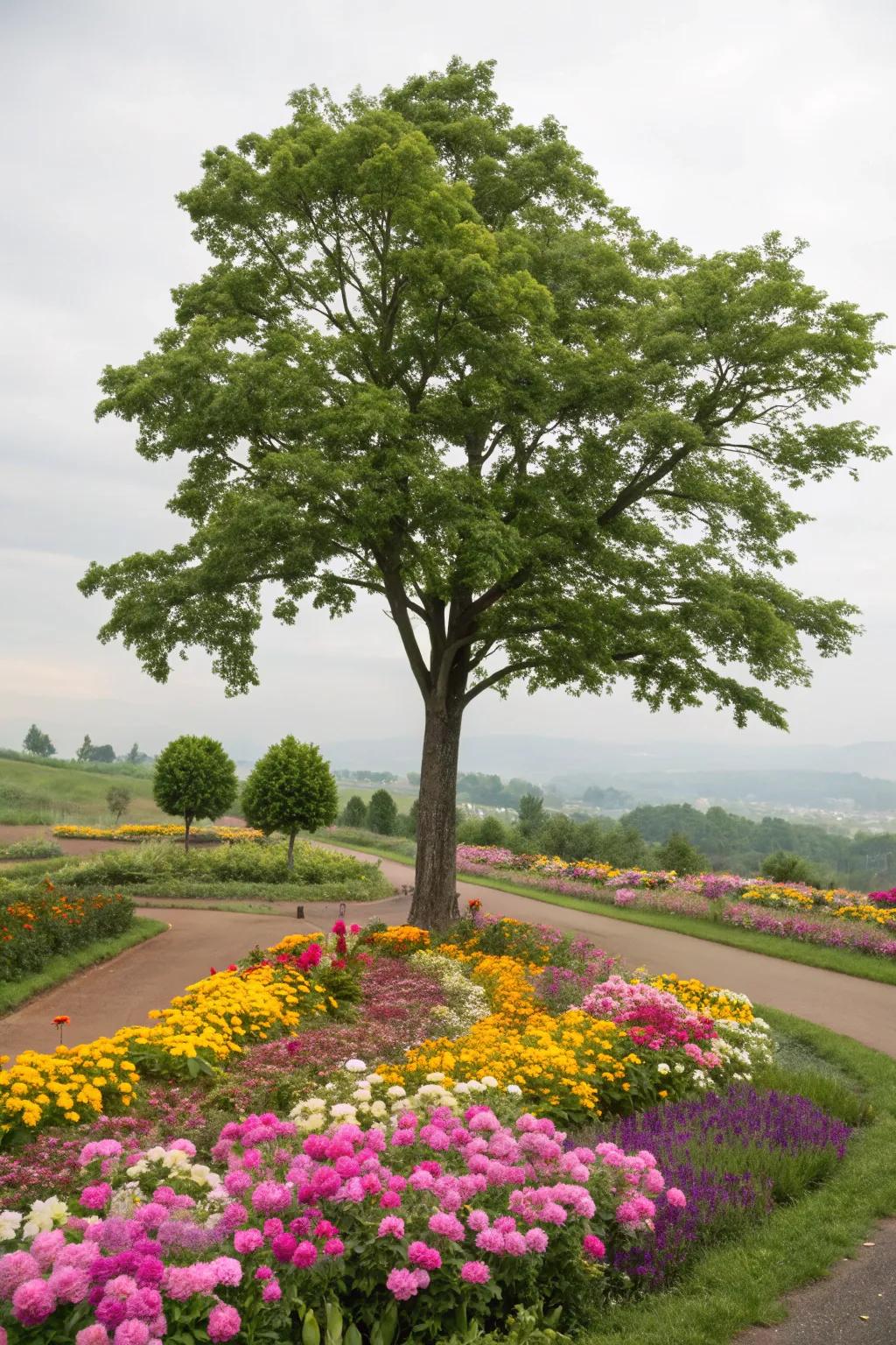 Flowers inject vitality and hue into the base of any tree.