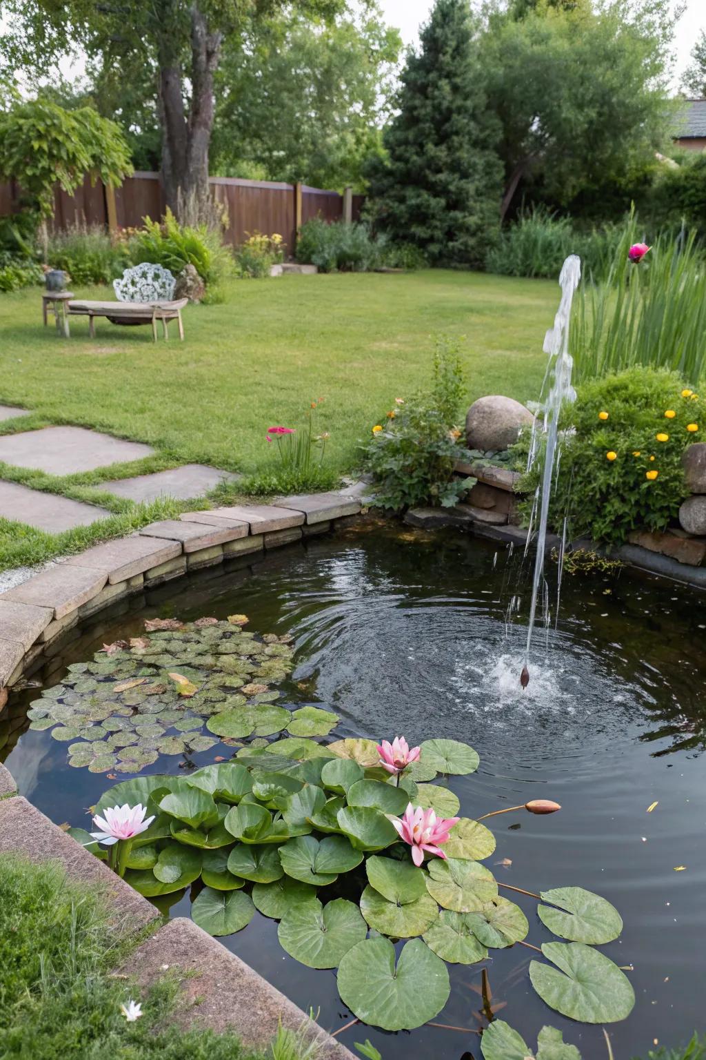 A small garden pond with water lilies and a soft fountain, creating a tranquil mood.