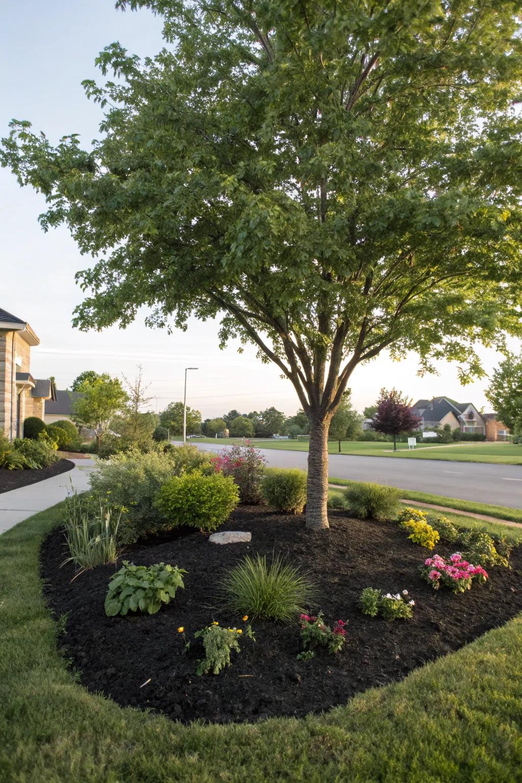 A tree adorned with a sleek layer of mulch and vibrant ground cover.