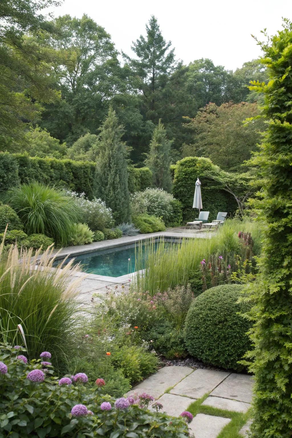 Tall shrubs and grasses provide a natural solution for discreetly covering pool equipment.