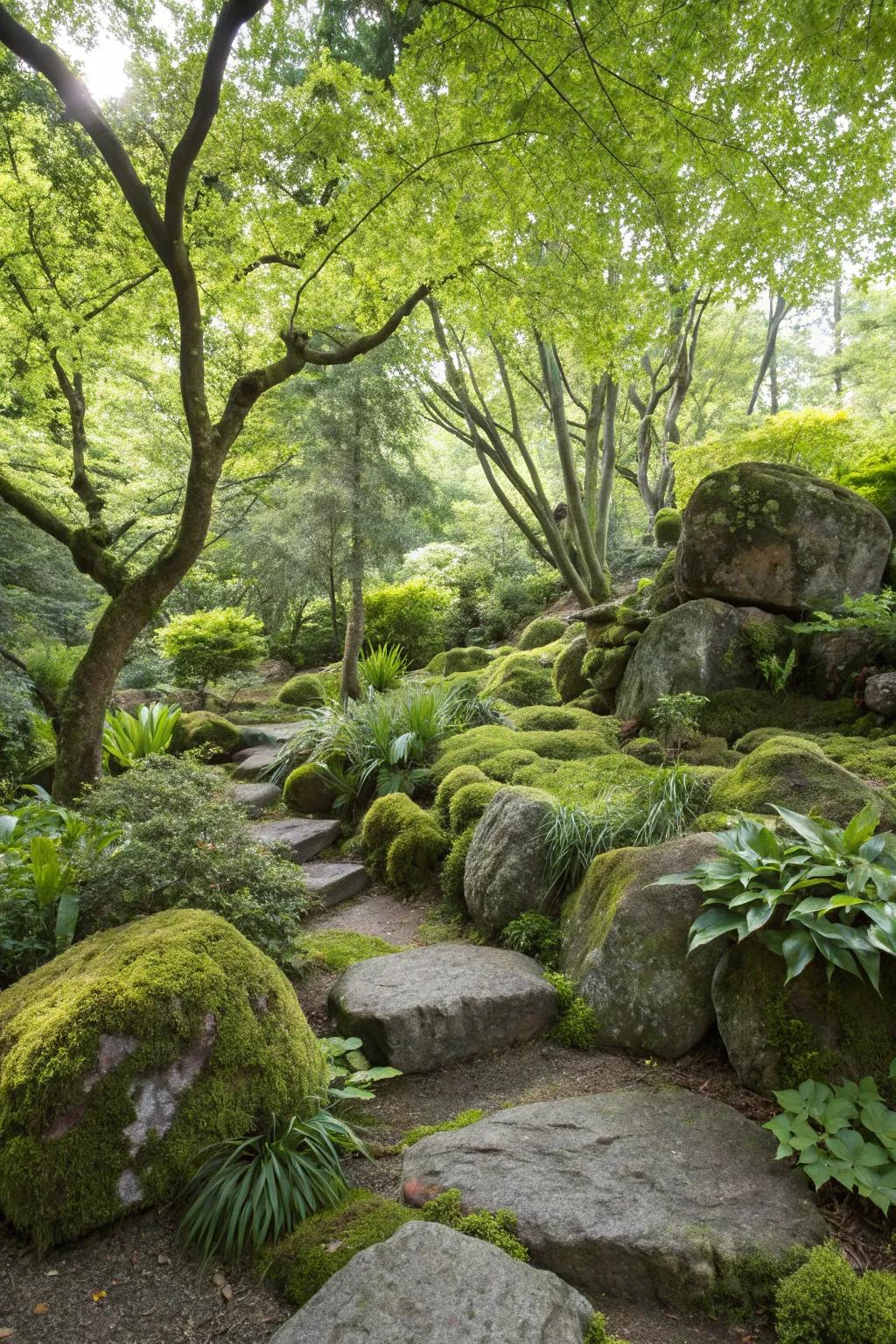 A wonderfully arranged stone garden nestled in the woods.
