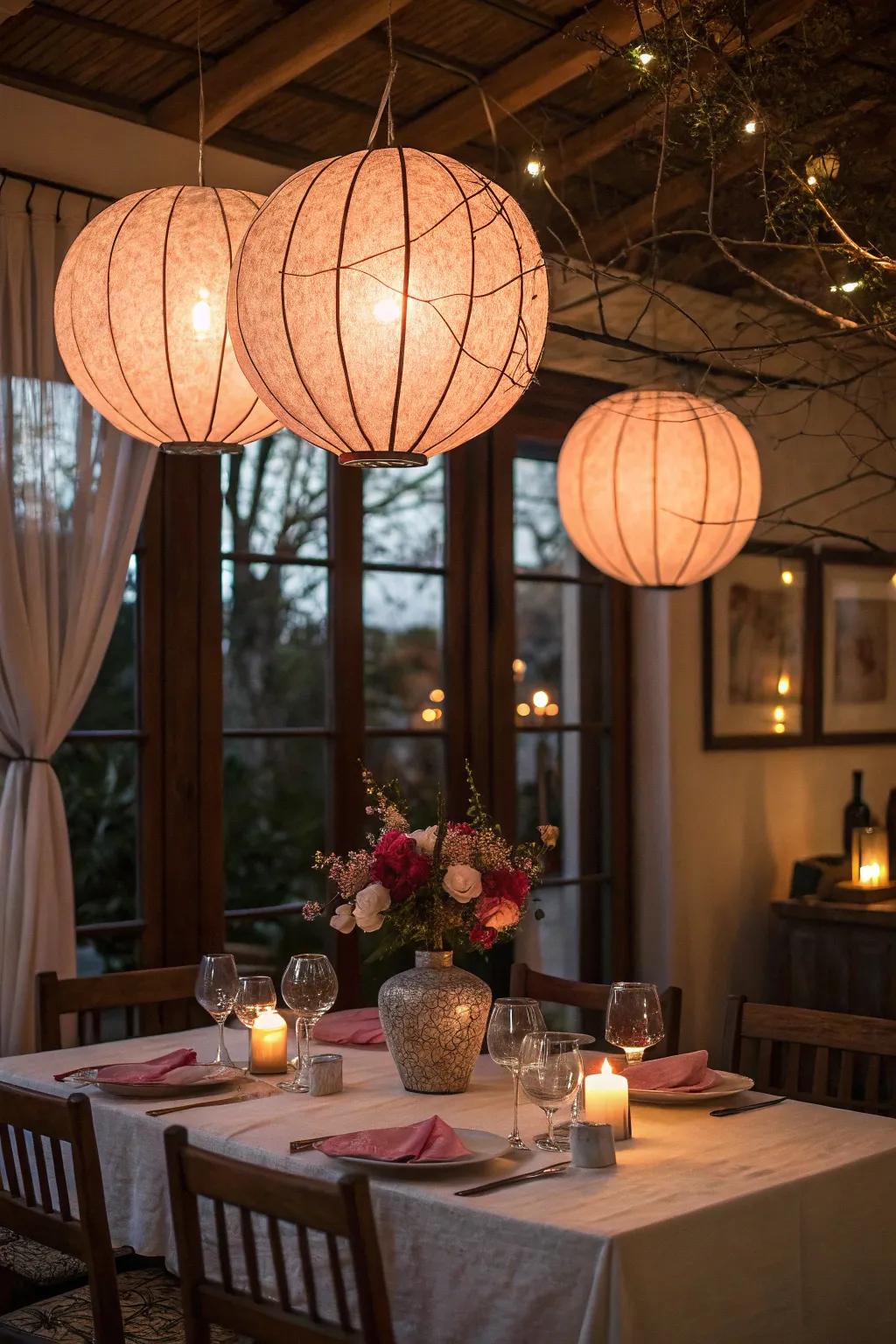 Suspended luminaries fashion a sentimental meal environment.
