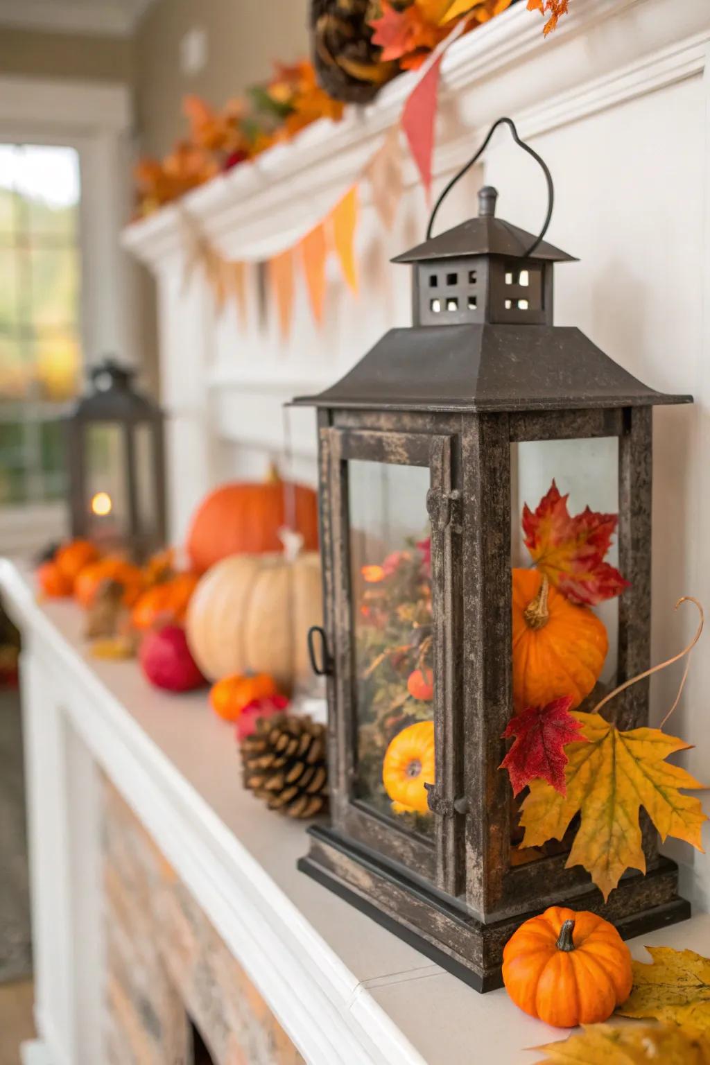 Celebrate autumn utilizing lanterns brimming with orange gourds.