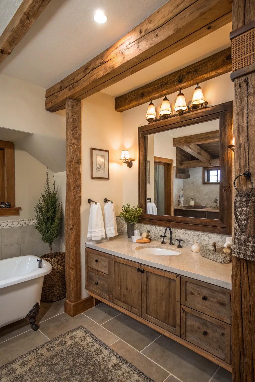 Frames made of reclaimed wood bring a cozy, rustic atmosphere to bathrooms.