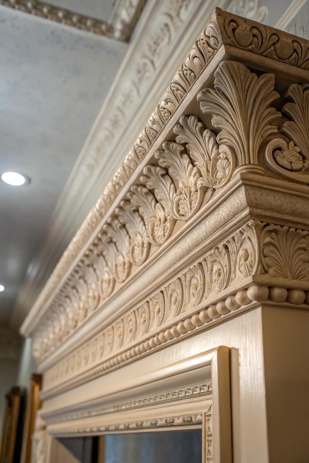 An intimate perspective of ornate ample trim outline, underscoring its stunning workmanship.