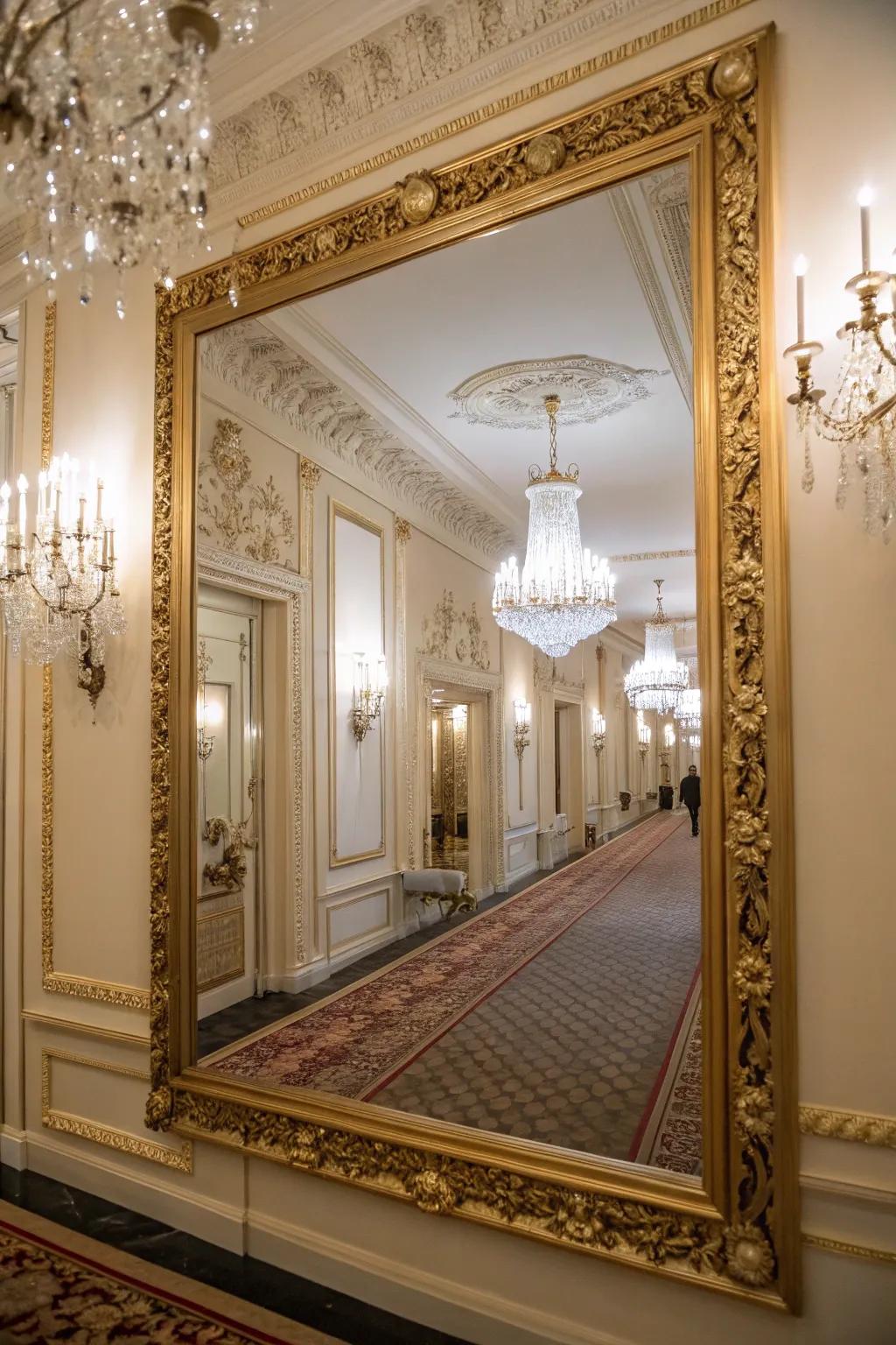 An elaborate frame imparts a luxurious atmosphere to the mirror in this hallway.