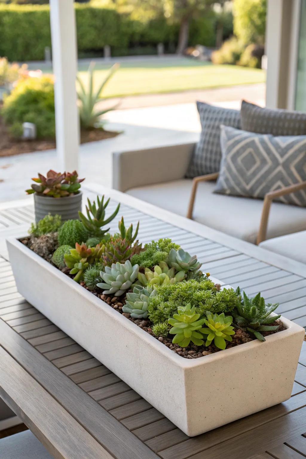A modern container with a linear succulent composition.