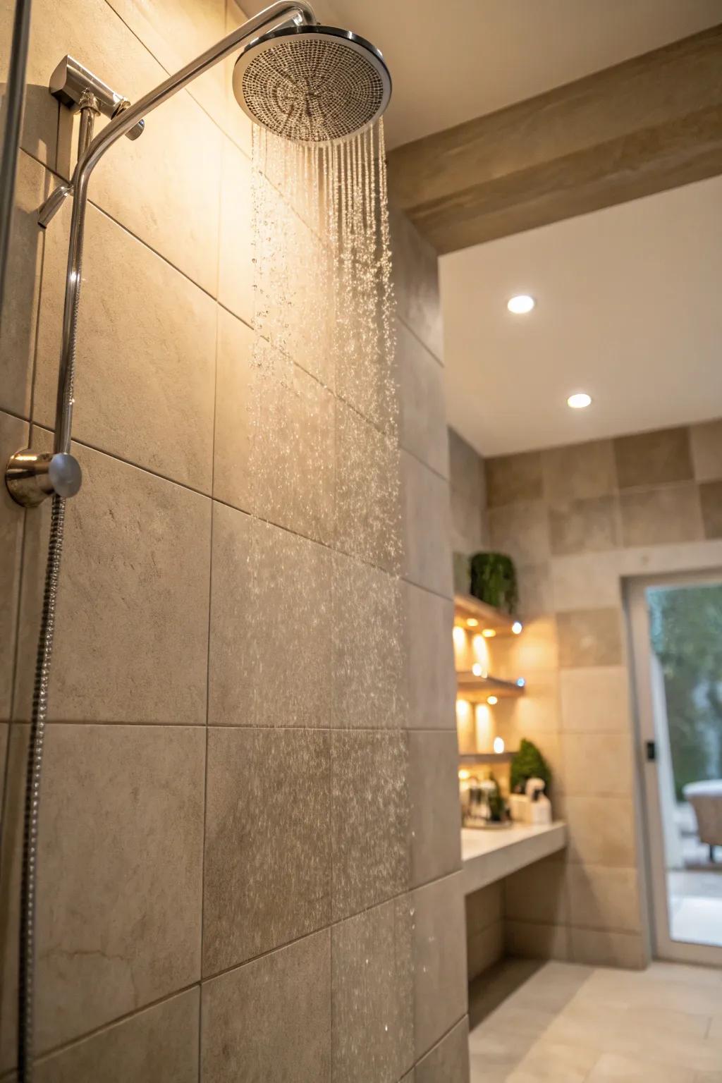 Neutral hues establish a calming shower ambiance.