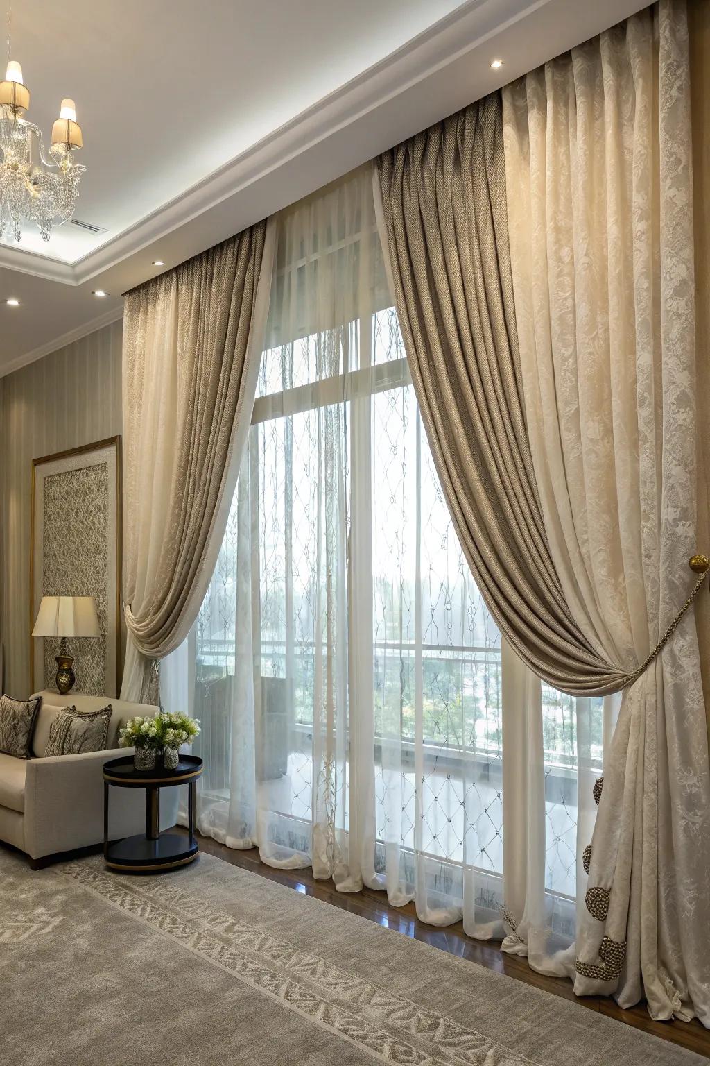 Layered curtains offer style and versatility.