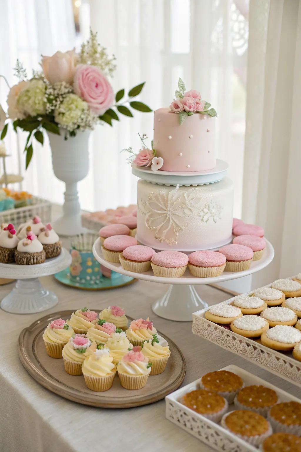 An amazing dessert table with beautifully decorated cupcakes and cookies.
