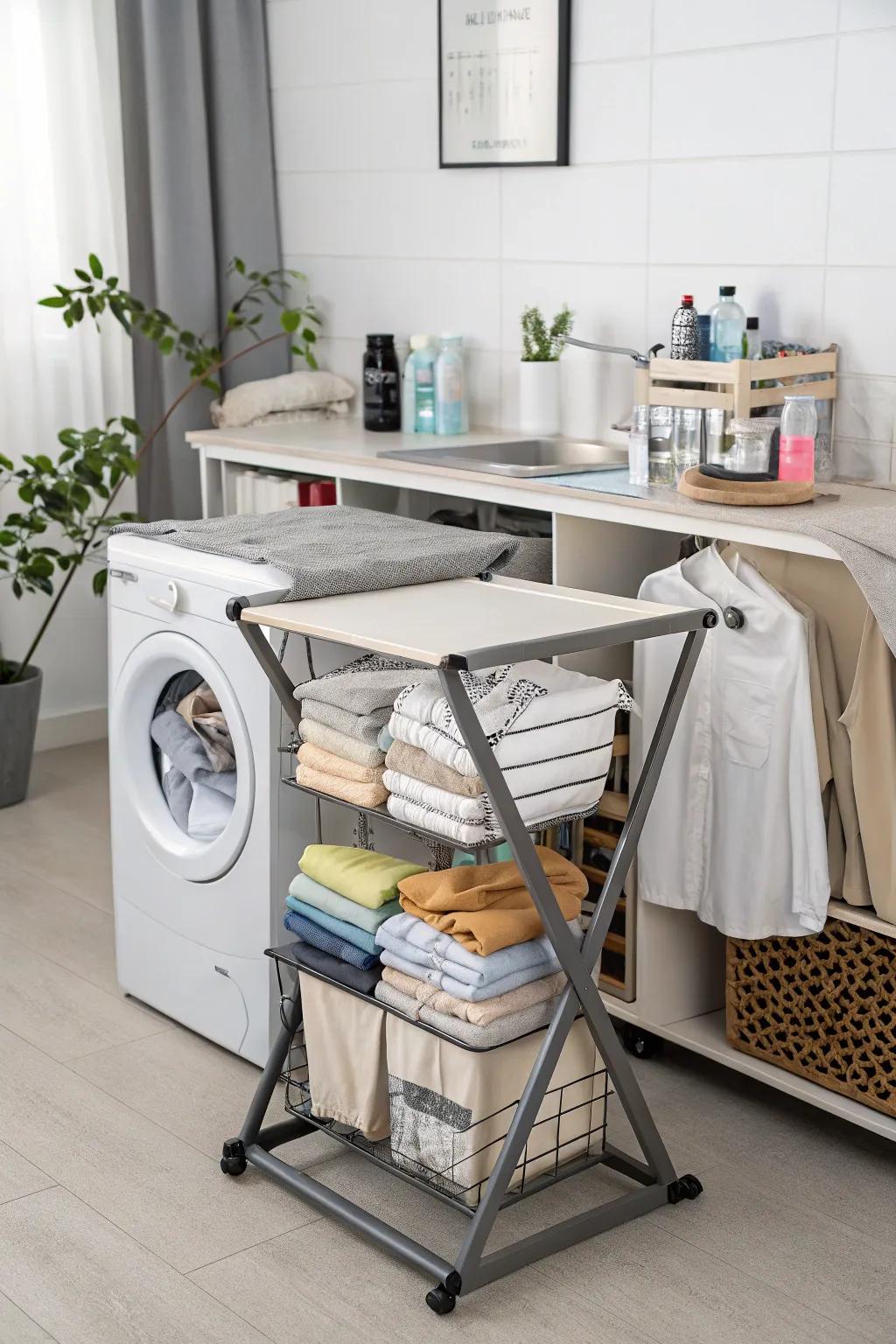 A folding table equipped with integrated storage for extra convenience.