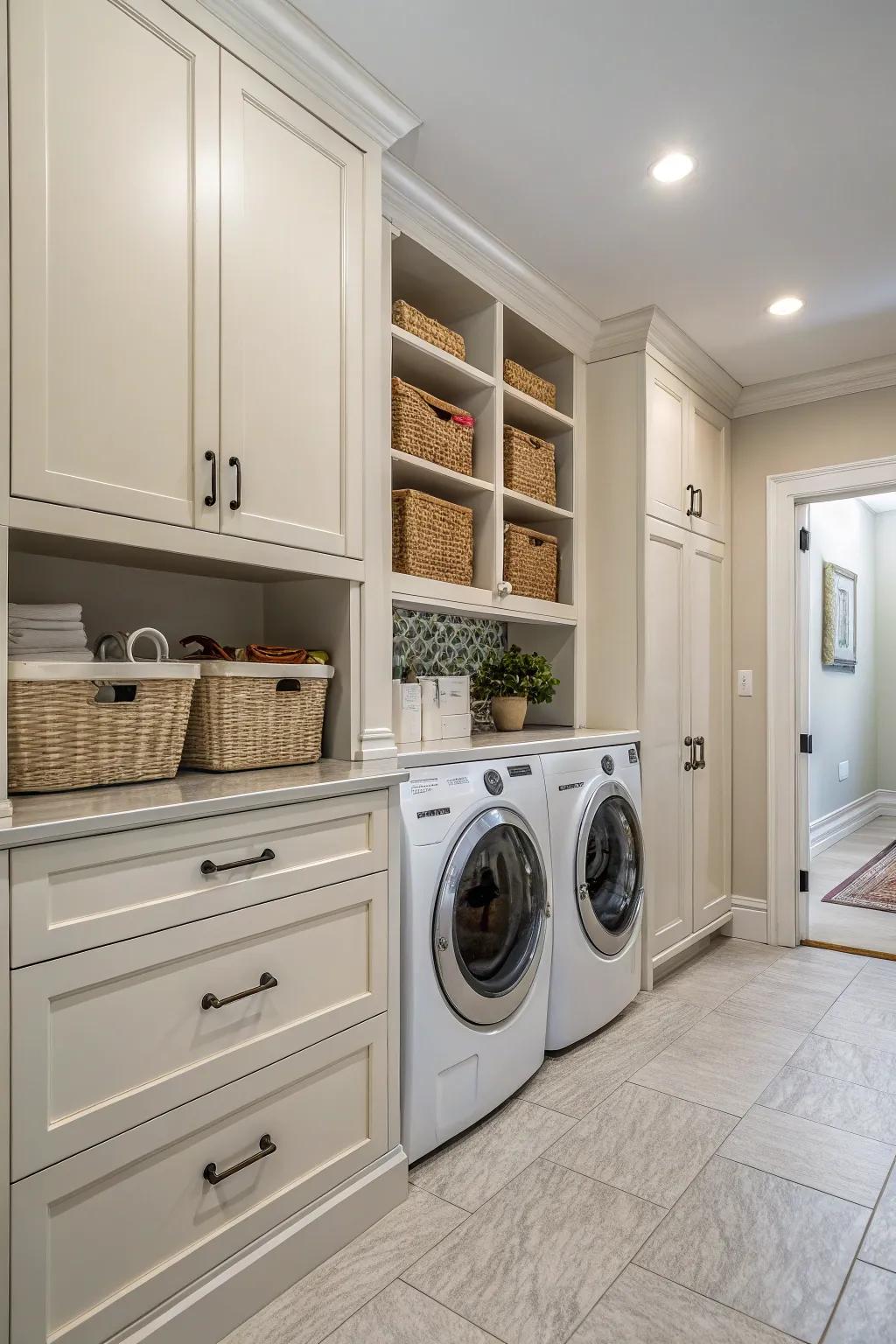 Wall-to-wall cabinets make sure every bit of your laundry room is put to good use.