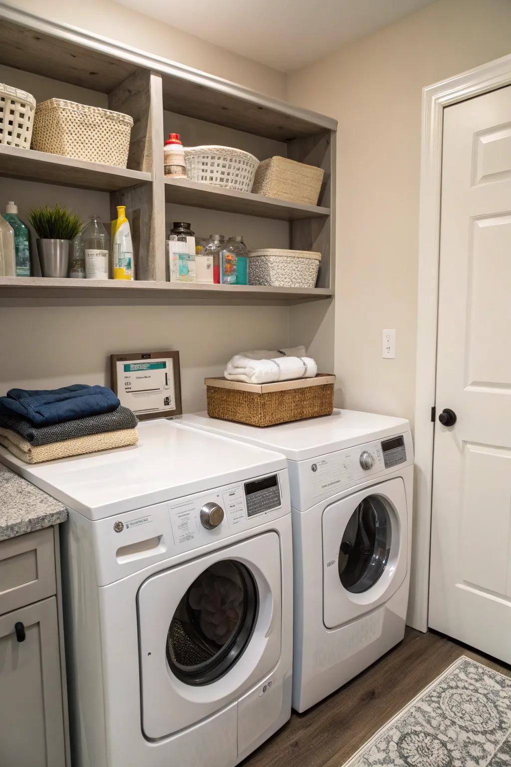A countertop offers a convenient workspace for folding laundry.