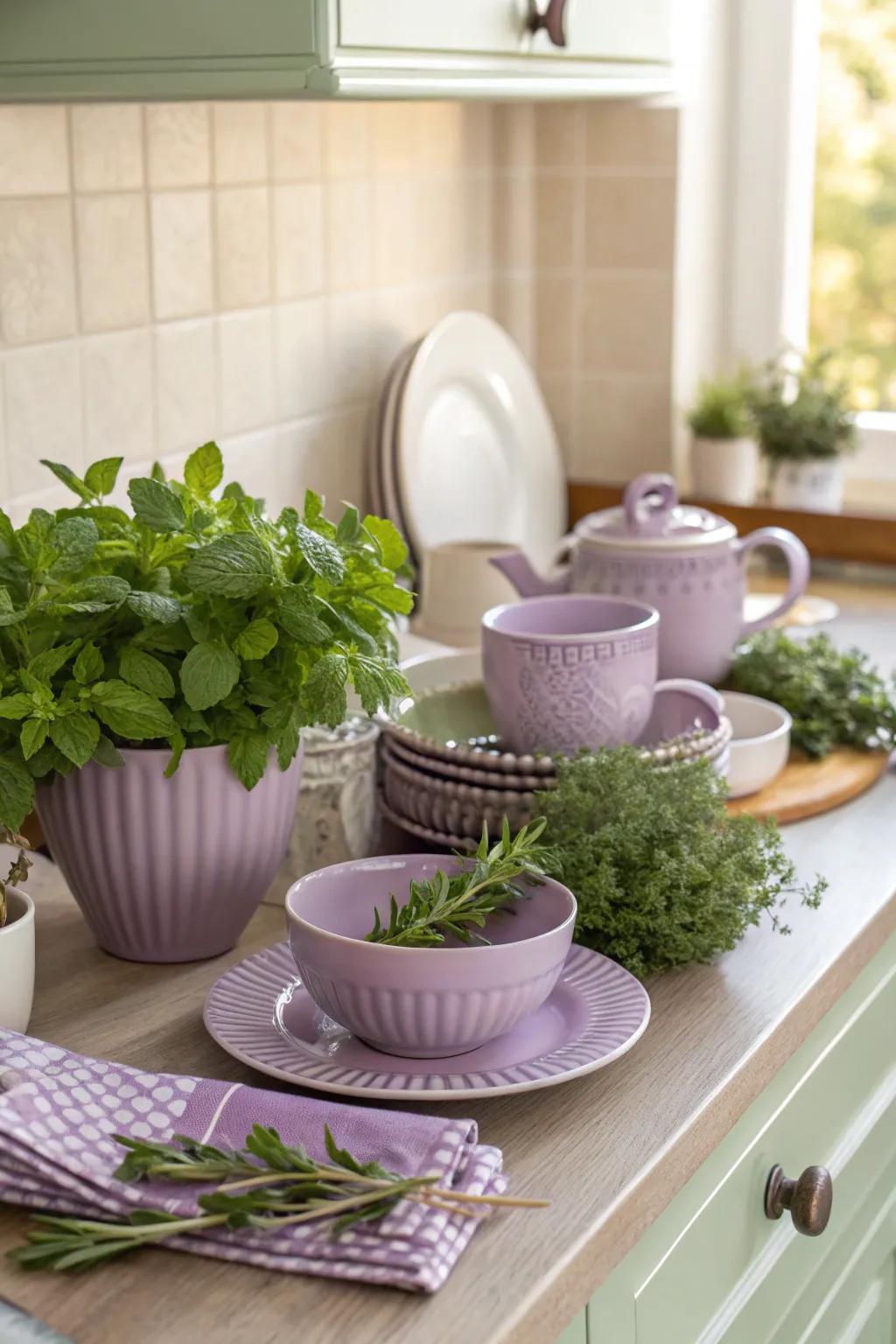 A kitchen featuring lavender dishware and fresh herbs for a fragrant and stylish space.