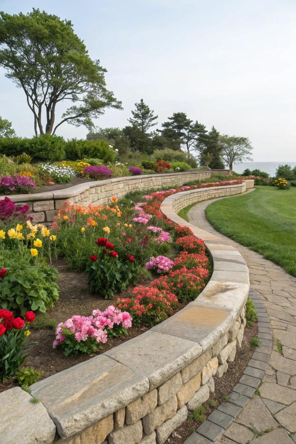 Elegant curved borders marked by native stones.