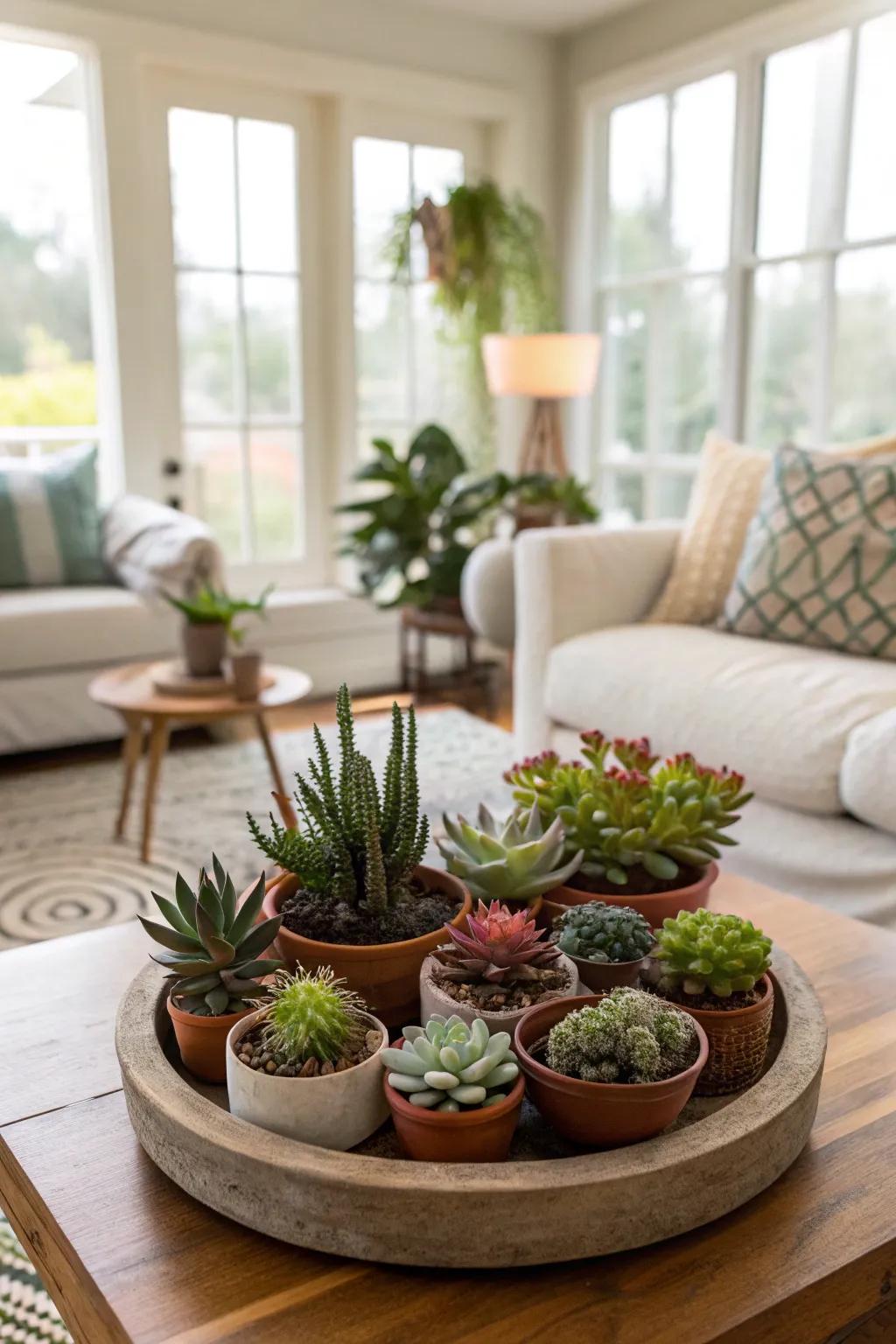 A rotating organizer displaying a vibrant assortment of herbs and succulents.