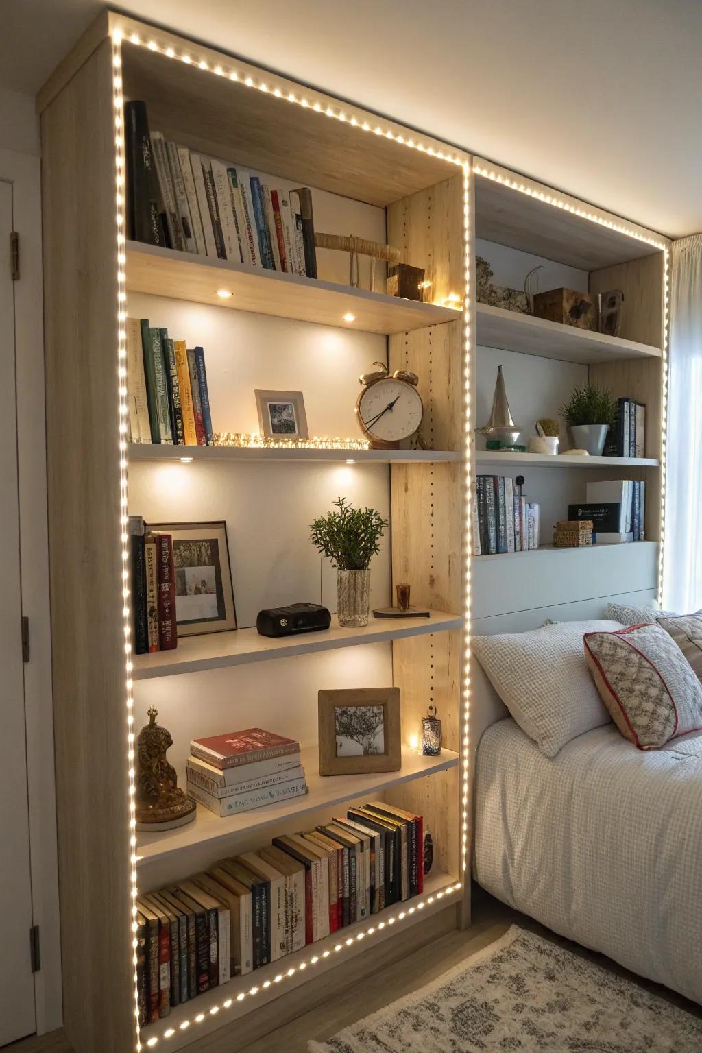 Shelves lit with SparkLights that enhance your bedroom's décor.