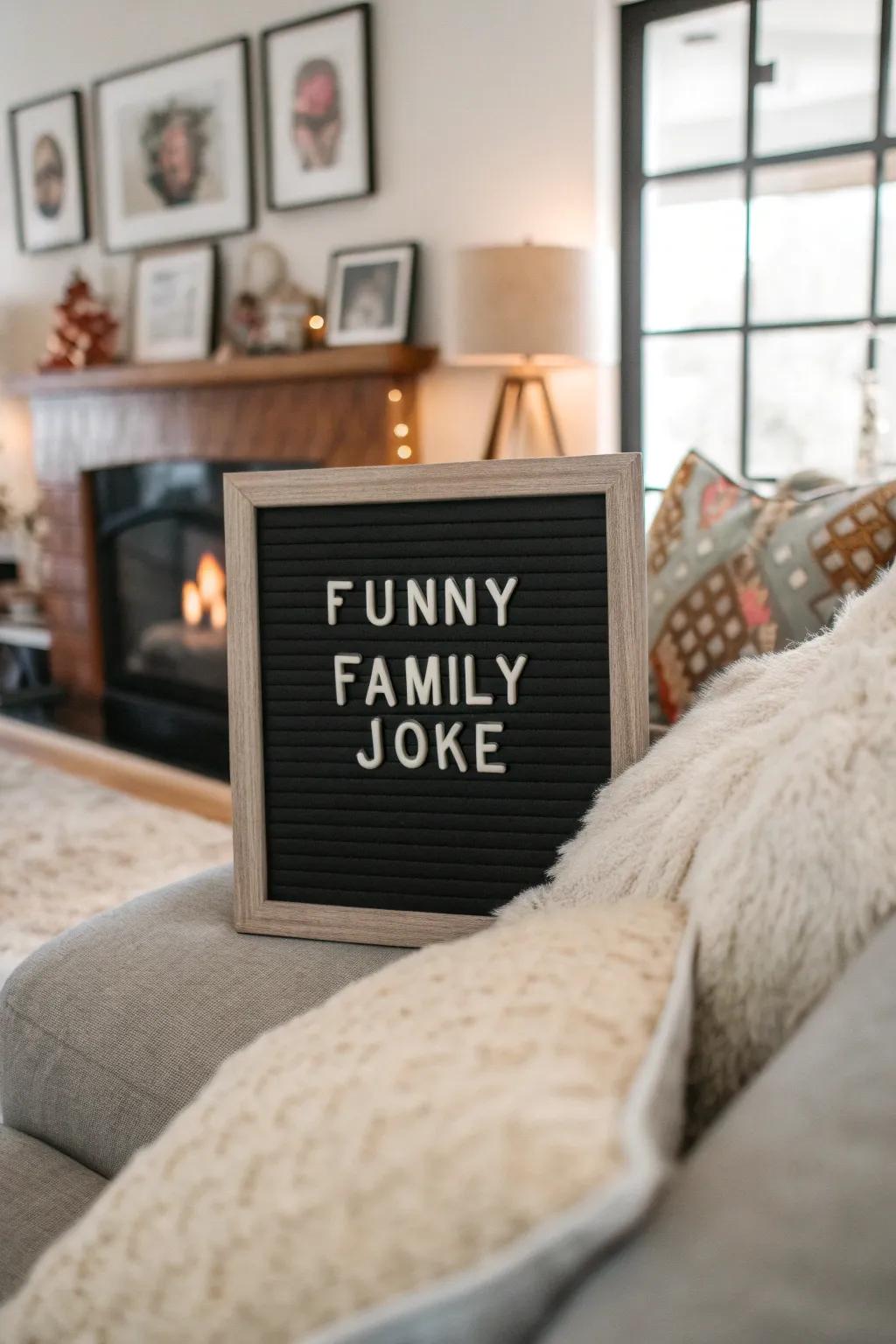 Spreading laughter among family members with an inside joke displayed on a letter board.
