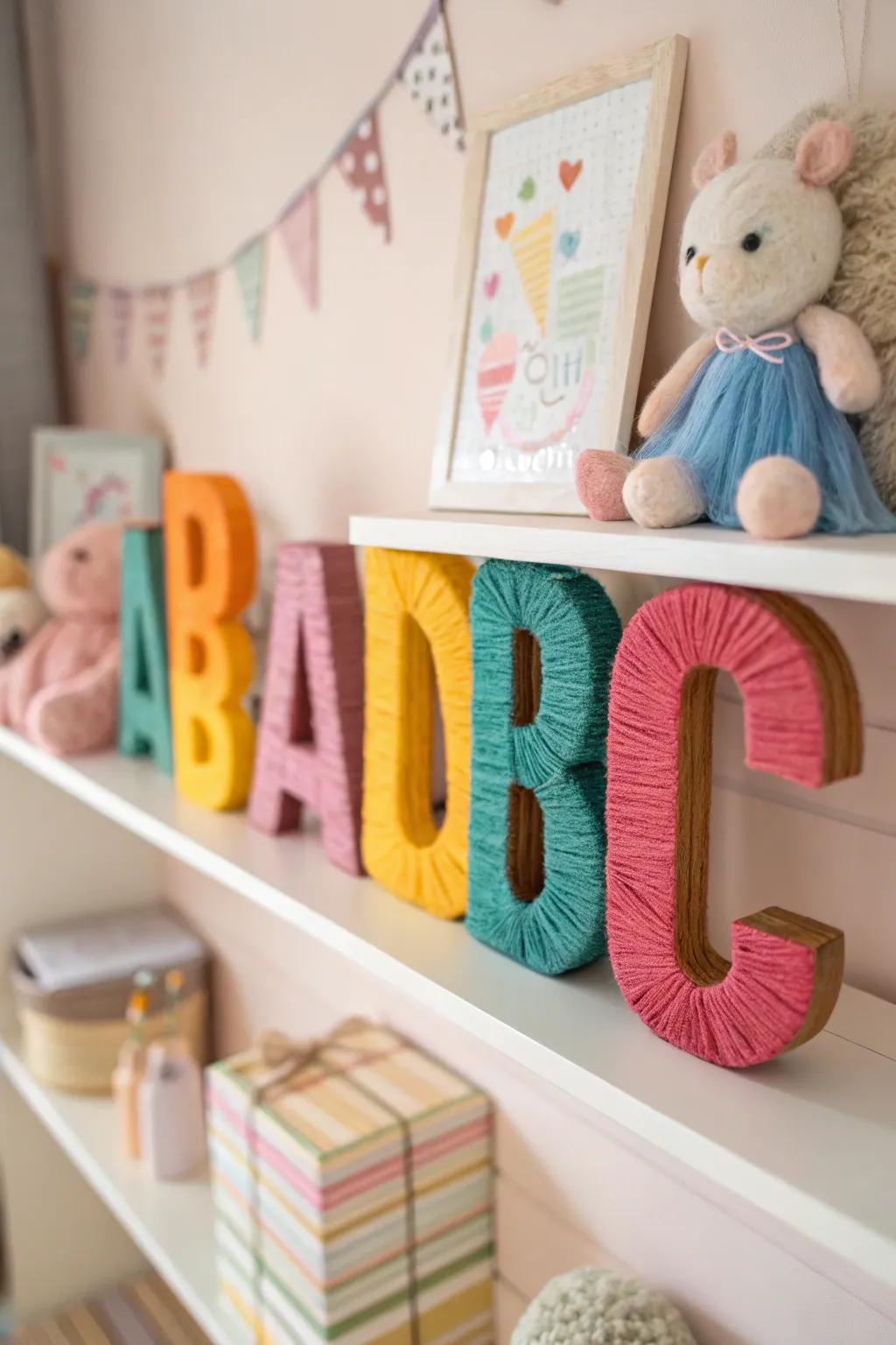 Wool-wrapped letters contributing a cozy feel to a nursery.