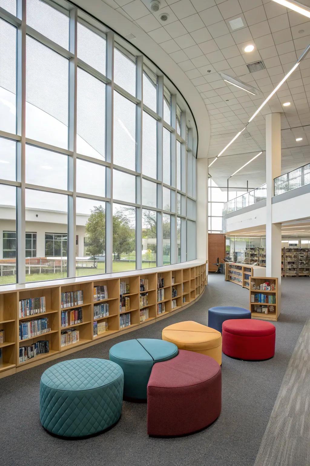 Adaptable seating featuring sectional sofas and floor cushions for a flexible library area.
