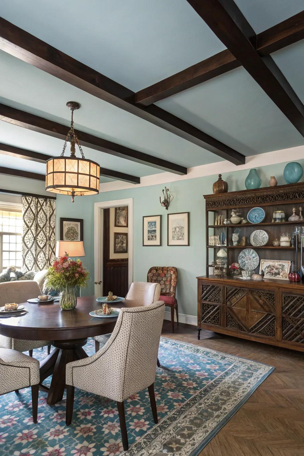 A stylish dining room featuring a striking light blue ceiling.