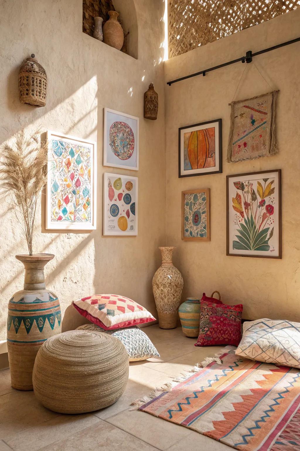 Vibrant ornamental elements inject personality into a gentle tan space.