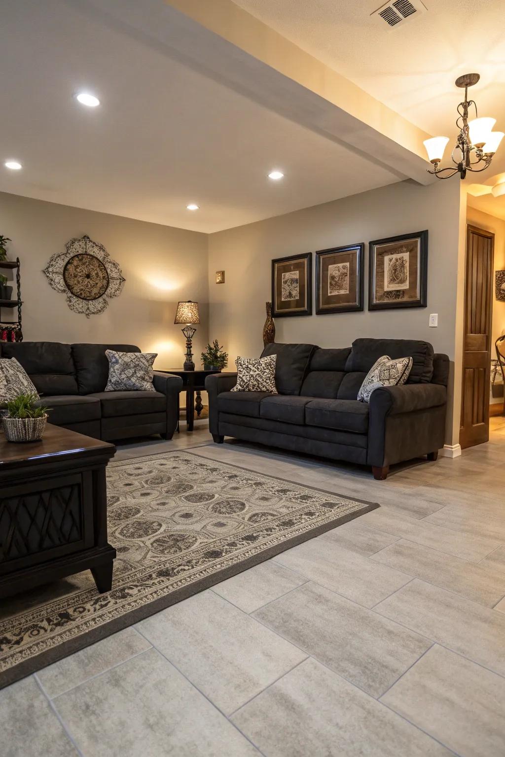 A fashionable living area featuring light grey flooring and striking dark accents.