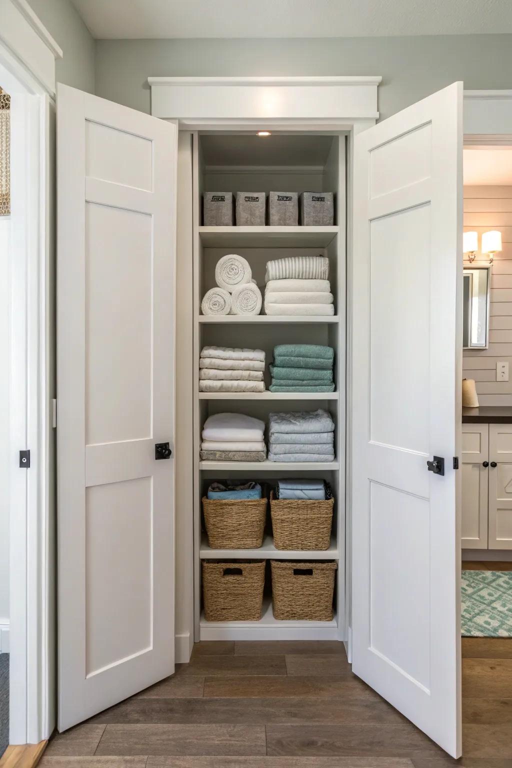 Accordion-style doors enhancing space efficiency in a confined linen storage area.
