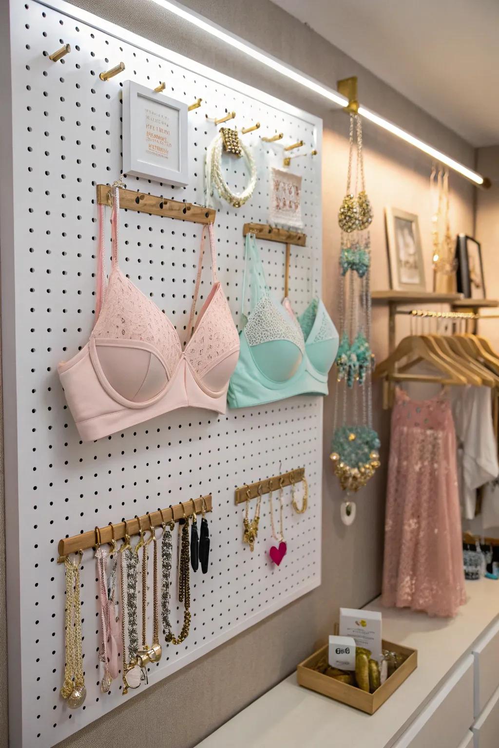A pegboard offers a creative approach to arrange and display your lingerie.