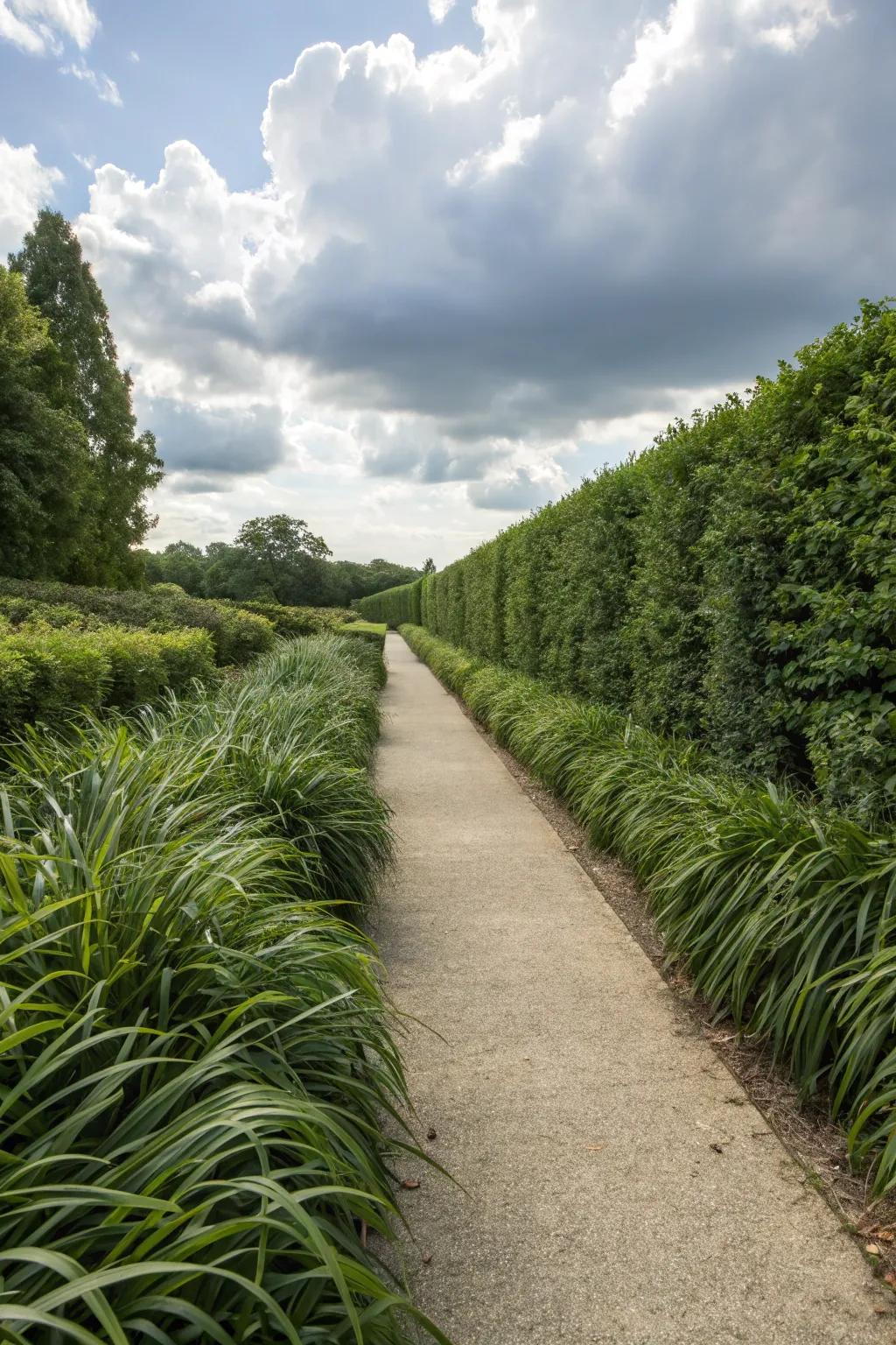 A garden pathway framed by the refreshing greenery of Whispering Grass.