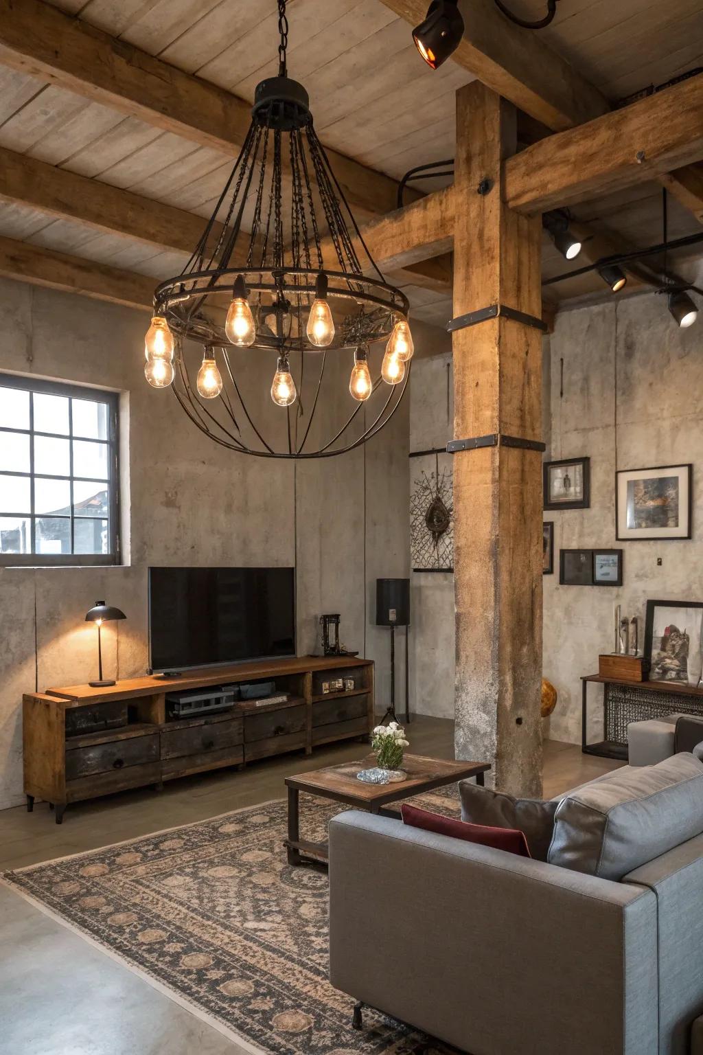 An urban-style living room with a vintage chandelier featuring exposed bulbs.