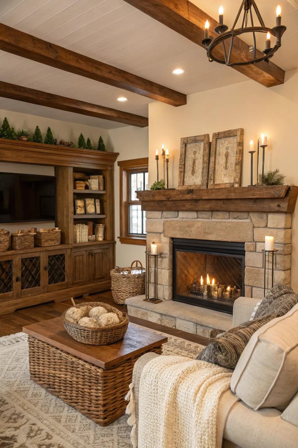 Warm timber finish crown molding makes a cozy atmosphere.