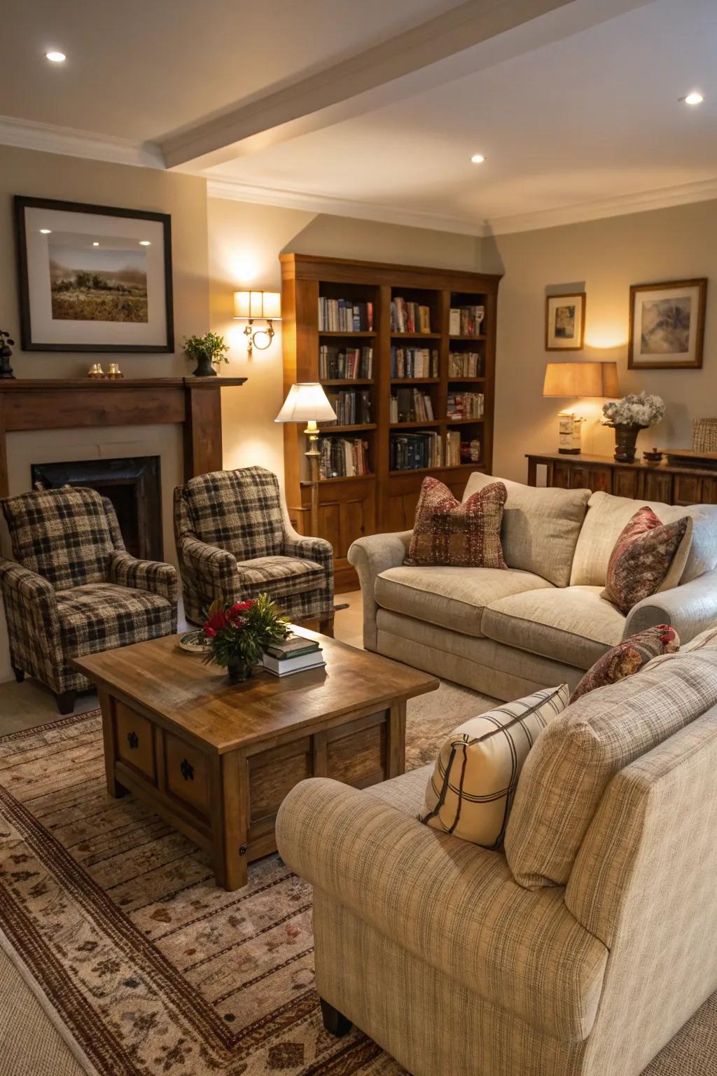 Inviting seating arrangements create a cozy living room atmosphere.