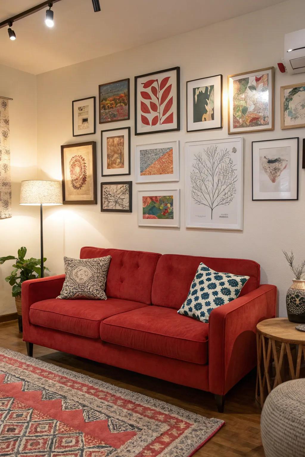 Wall art enriches the bold statement of a scarlet sofa, adding depth.