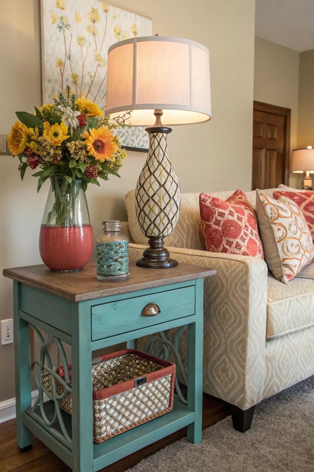 A side table that uses matching colors integrates flawlessly within the living room's design.