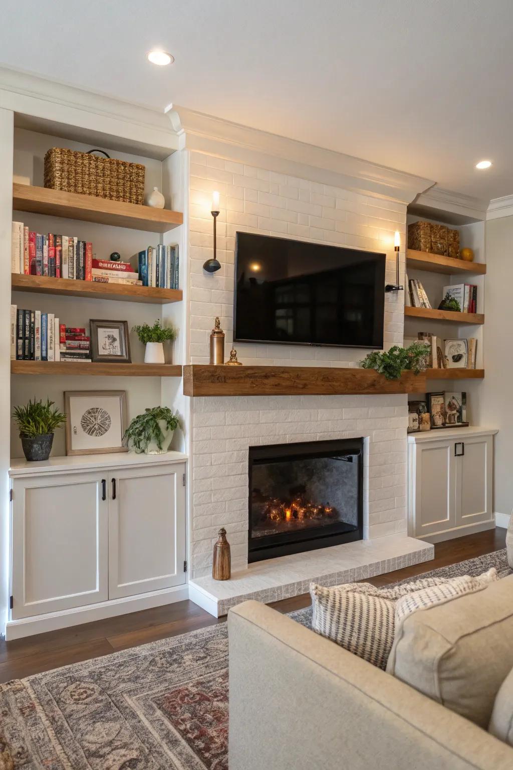 Elevated shelves provide storage and decorating options.