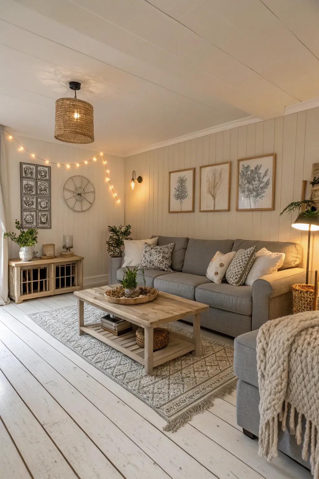 Neutral hues coordinate beautifully with the sophistication of white wood floors.