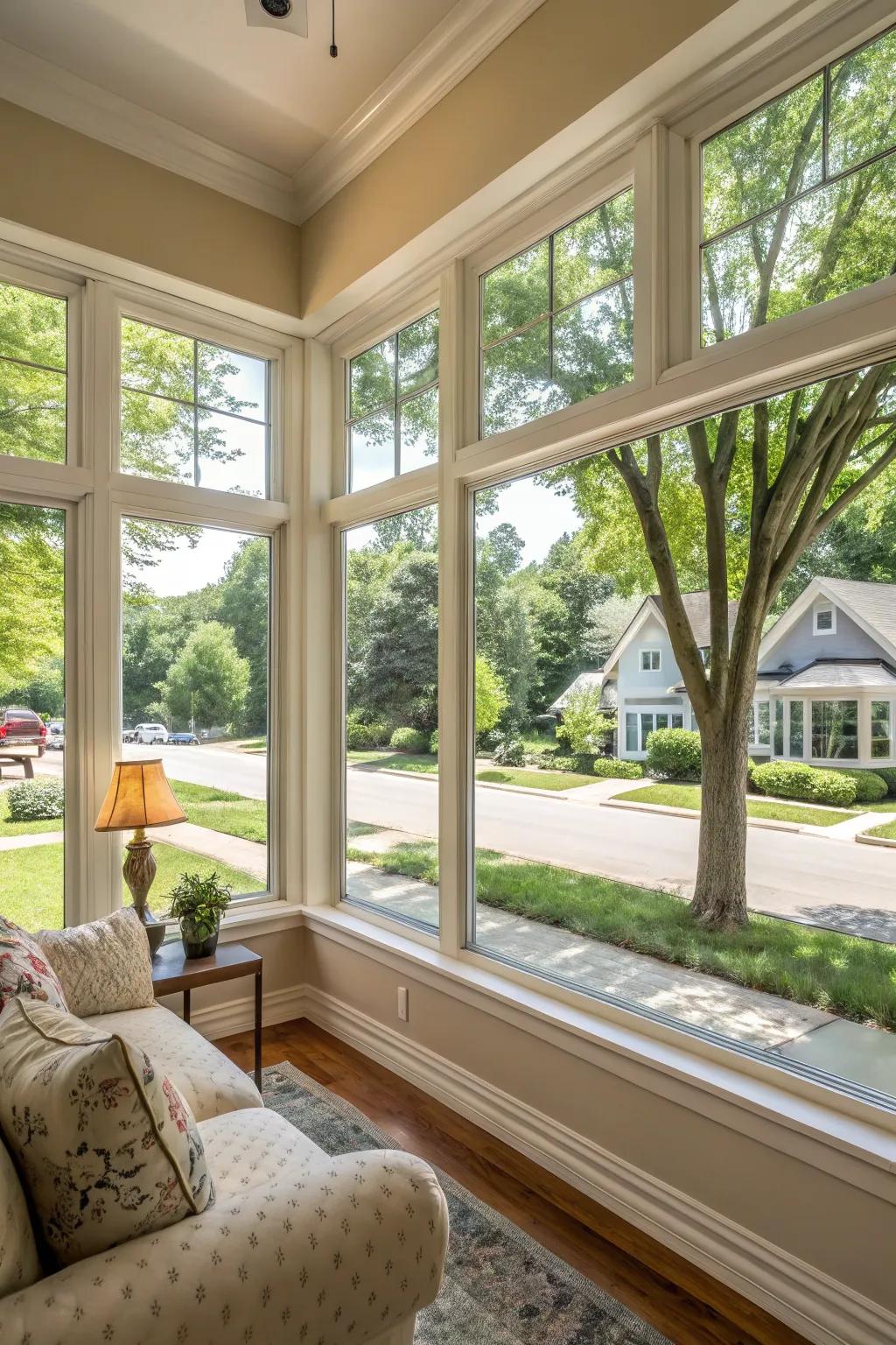 A lounge featuring side hinged windows that allow a fresh breeze and plentiful light.